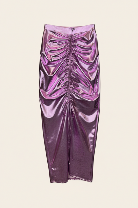 Fashion Nova Fuchsia Metallic Ruched Maxi Skirt