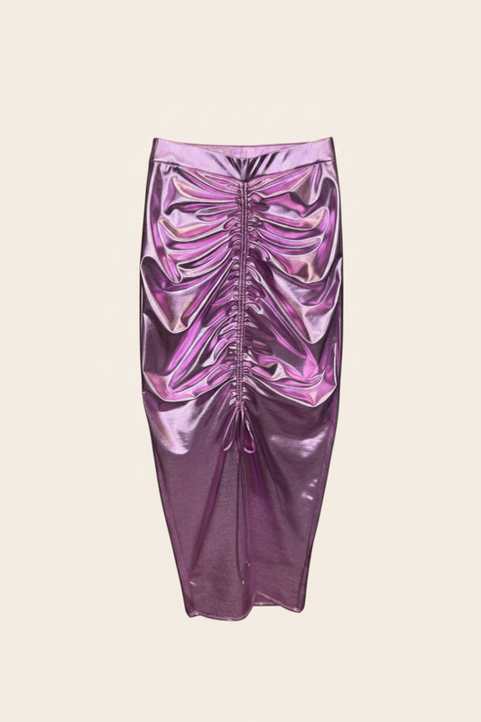 Fashion Nova Fuchsia Metallic Ruched Maxi Skirt