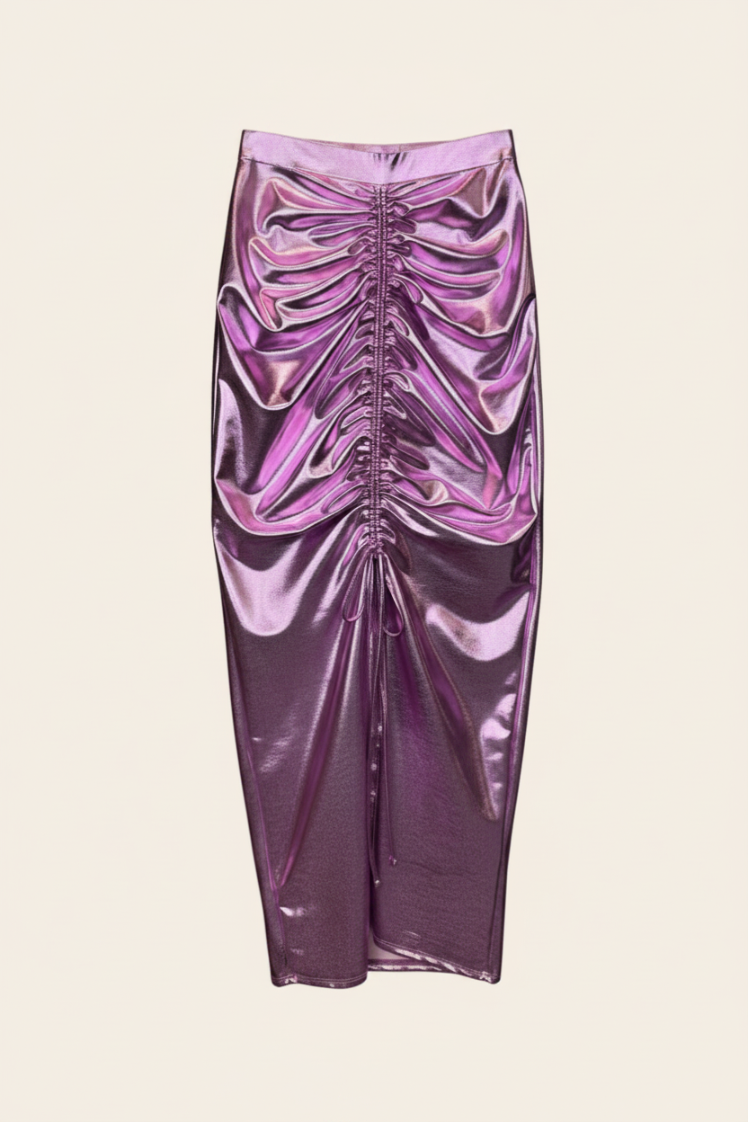 Fashion Nova Fuchsia Metallic Ruched Maxi Skirt